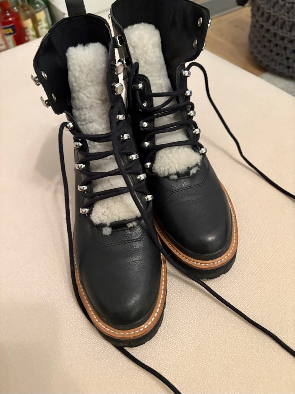 Marc Fisher Black Leather Lace-Up Boots with White Shearling